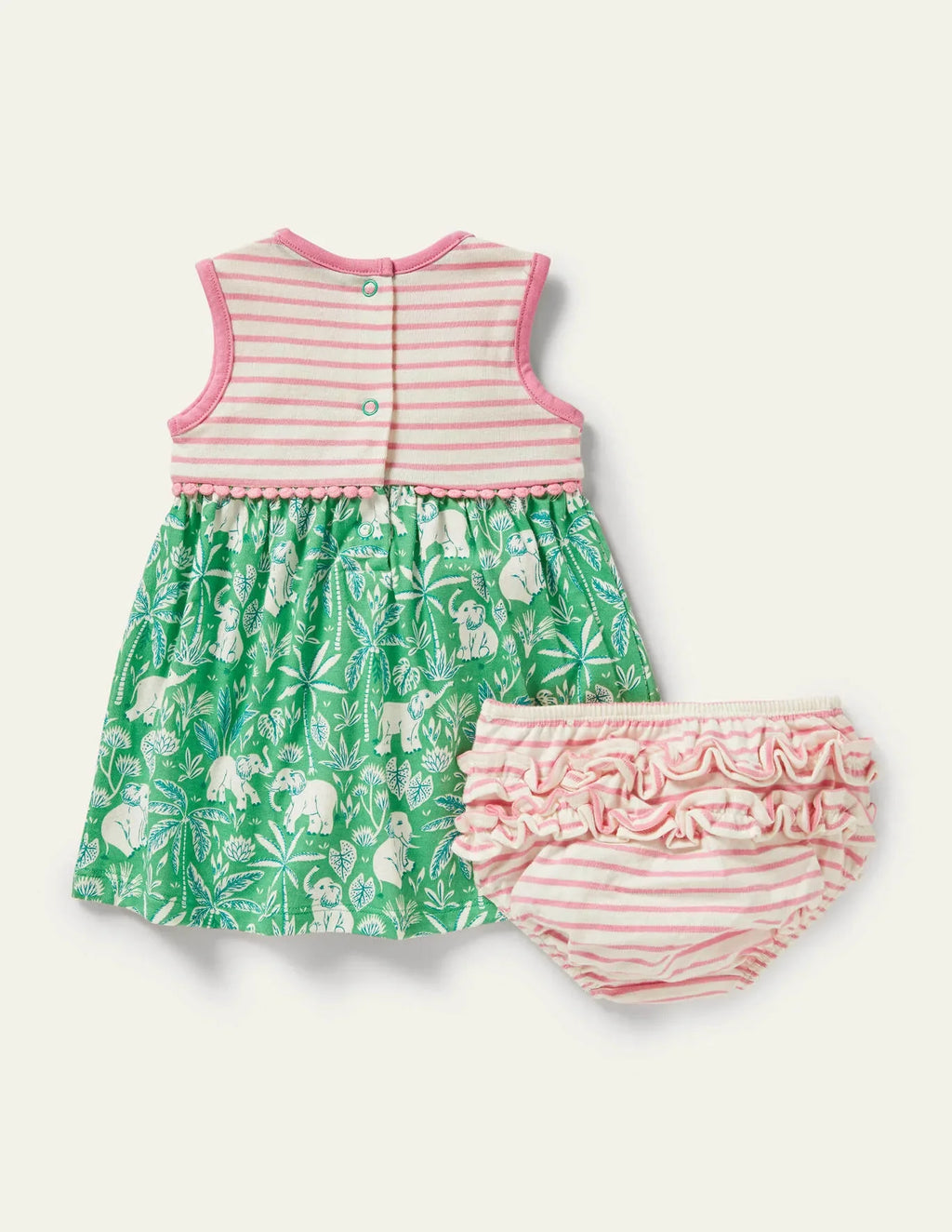 Baby Boden Sleeveless Jersey Dress and Knicker Set in Aloe Green Elephant Palm