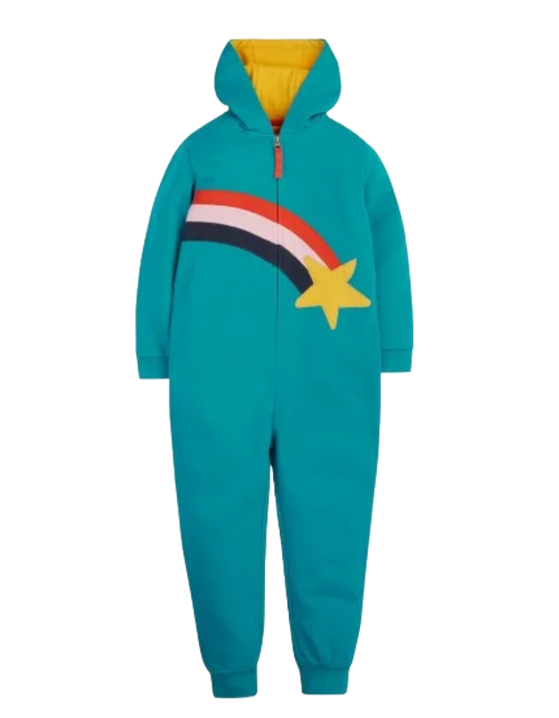 Frugi Kids Shooting Star Rainbow Applique Snuggle Suit in Camper blue (Slightly Defect)