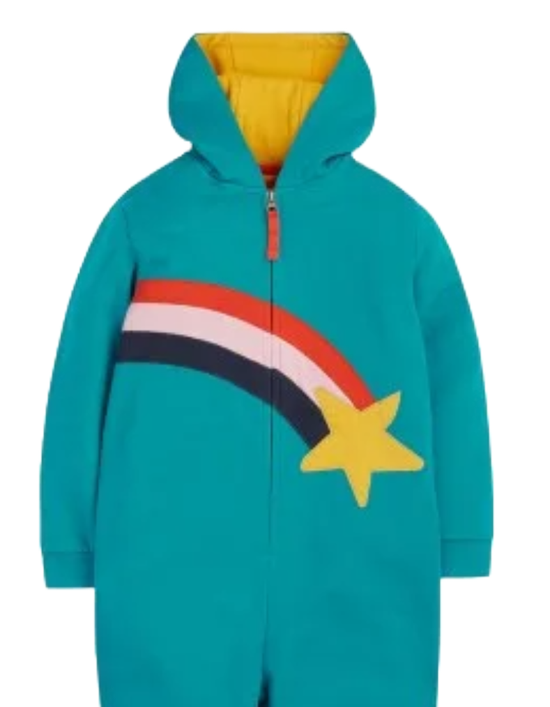 Frugi Kids Shooting Star Rainbow Applique Snuggle Suit in Camper blue (Slightly Defect)