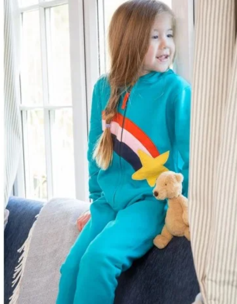 Frugi Kids Shooting Star Rainbow Applique Snuggle Suit in Camper blue (Slightly Defect)