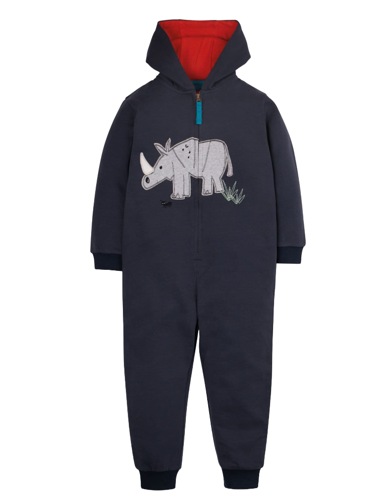 Frugi Kids Rhino Applique Snuggle Suit in Indigo Blue and Red (Slightly Defect)