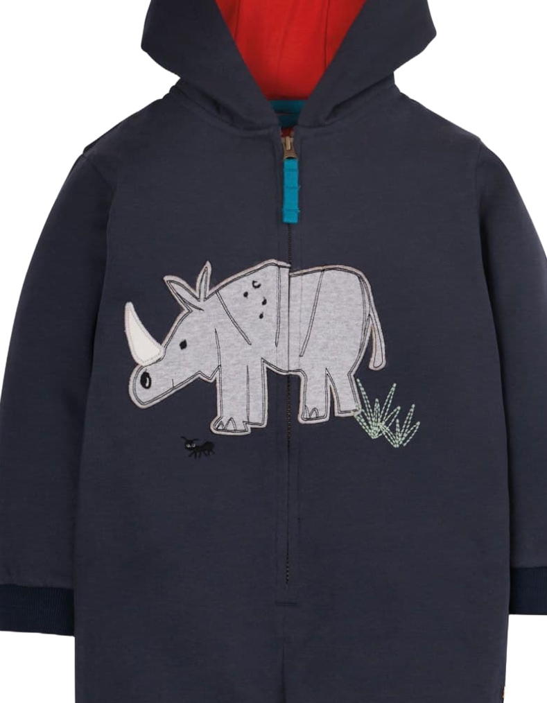 Frugi Kids Rhino Applique Snuggle Suit in Indigo Blue and Red (Slightly Defect)