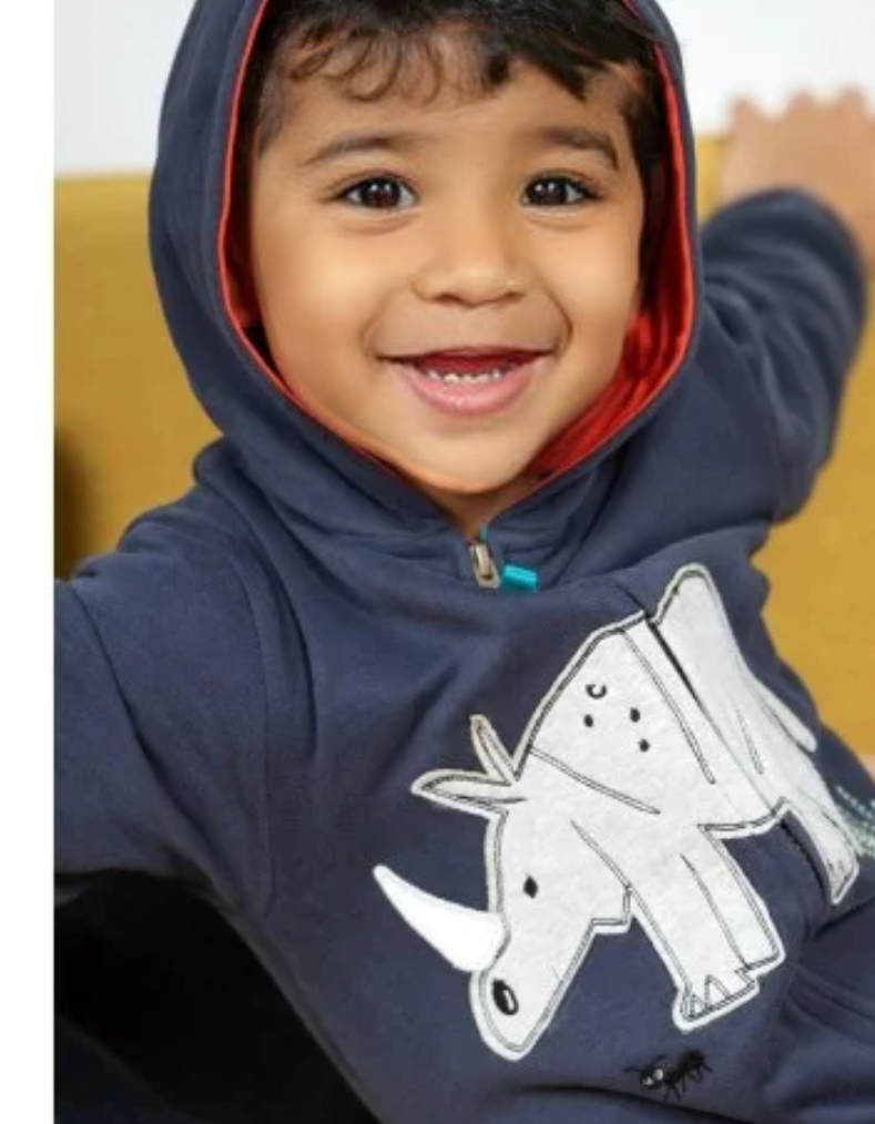 Frugi Kids Rhino Applique Snuggle Suit in Indigo Blue and Red (Slightly Defect)