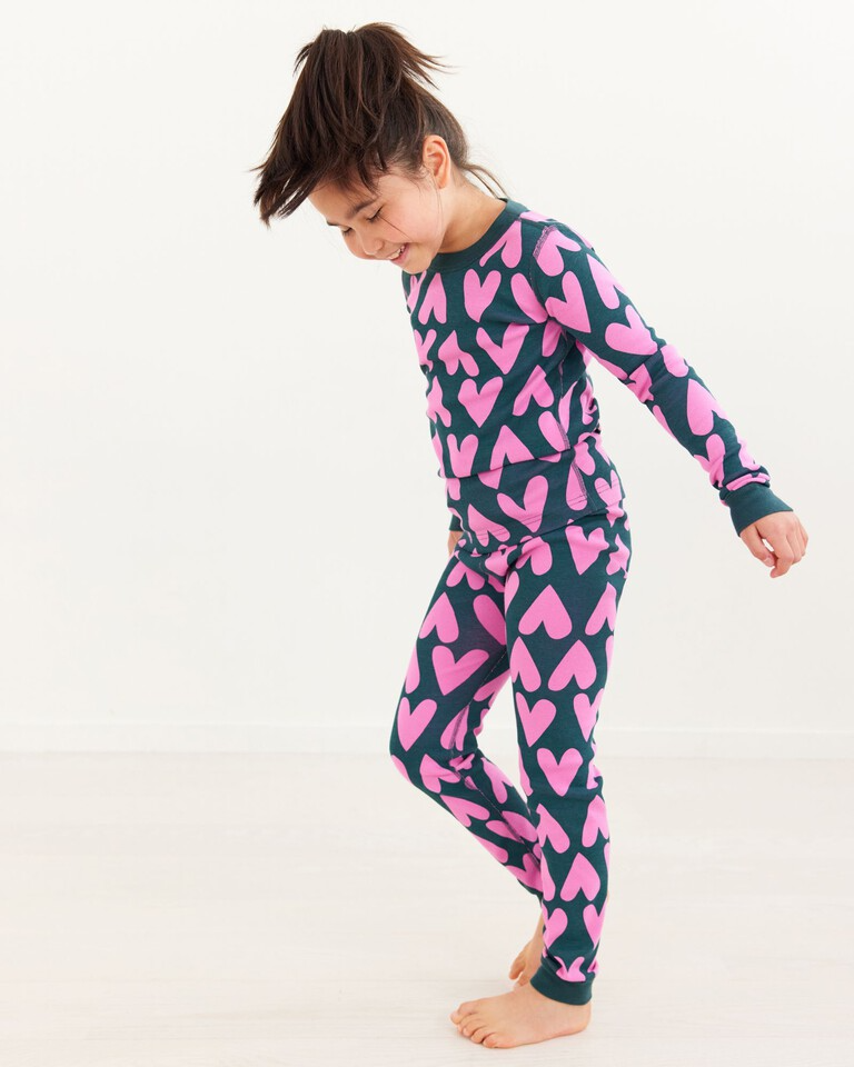 Girl's Long John Pyjama Set in Juniper Hearts on Hearts